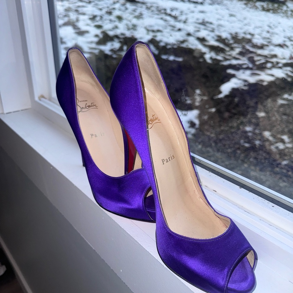 Christian Louboutin Purple Satin Peep-Toe Heels